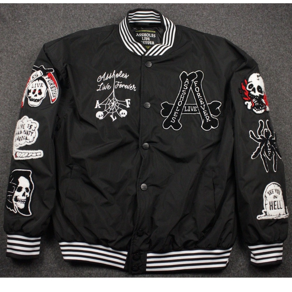 ALF Assholes*s Live Forever Jacket Skull Patch Bomber Black Graphic Mens Large